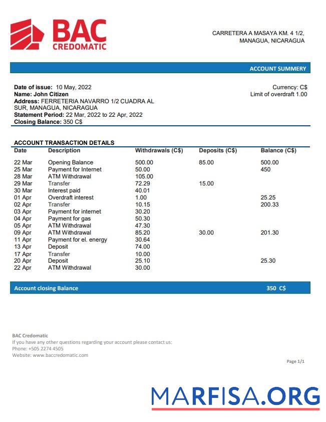 Realistic Nicaragua BAC Credomatic bank statement word example